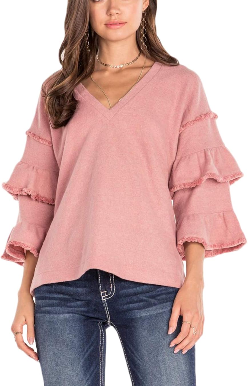 Miss Me MMT0398L Blush Pink Tiered Ruffle Sleeve Top (Small) at Amazon Womenâs Clothing store