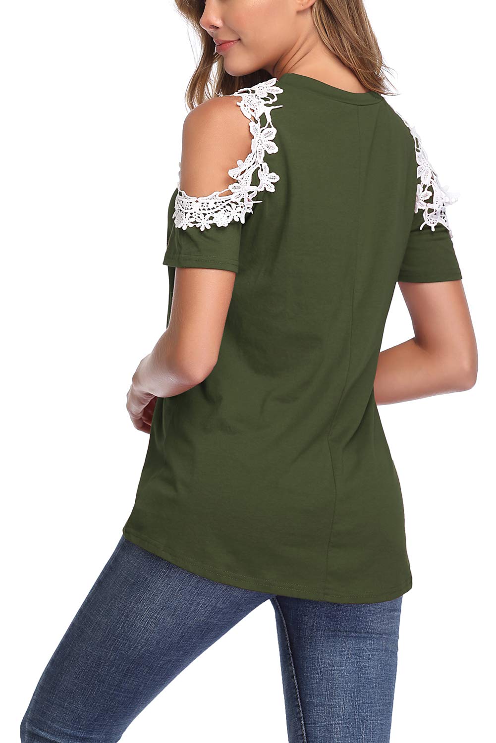 Donnalla Womens Summer Casual Tops Lace Cold Shoulder Short Sleeve Loose Blouse Shirt(Army Green XX-Large)