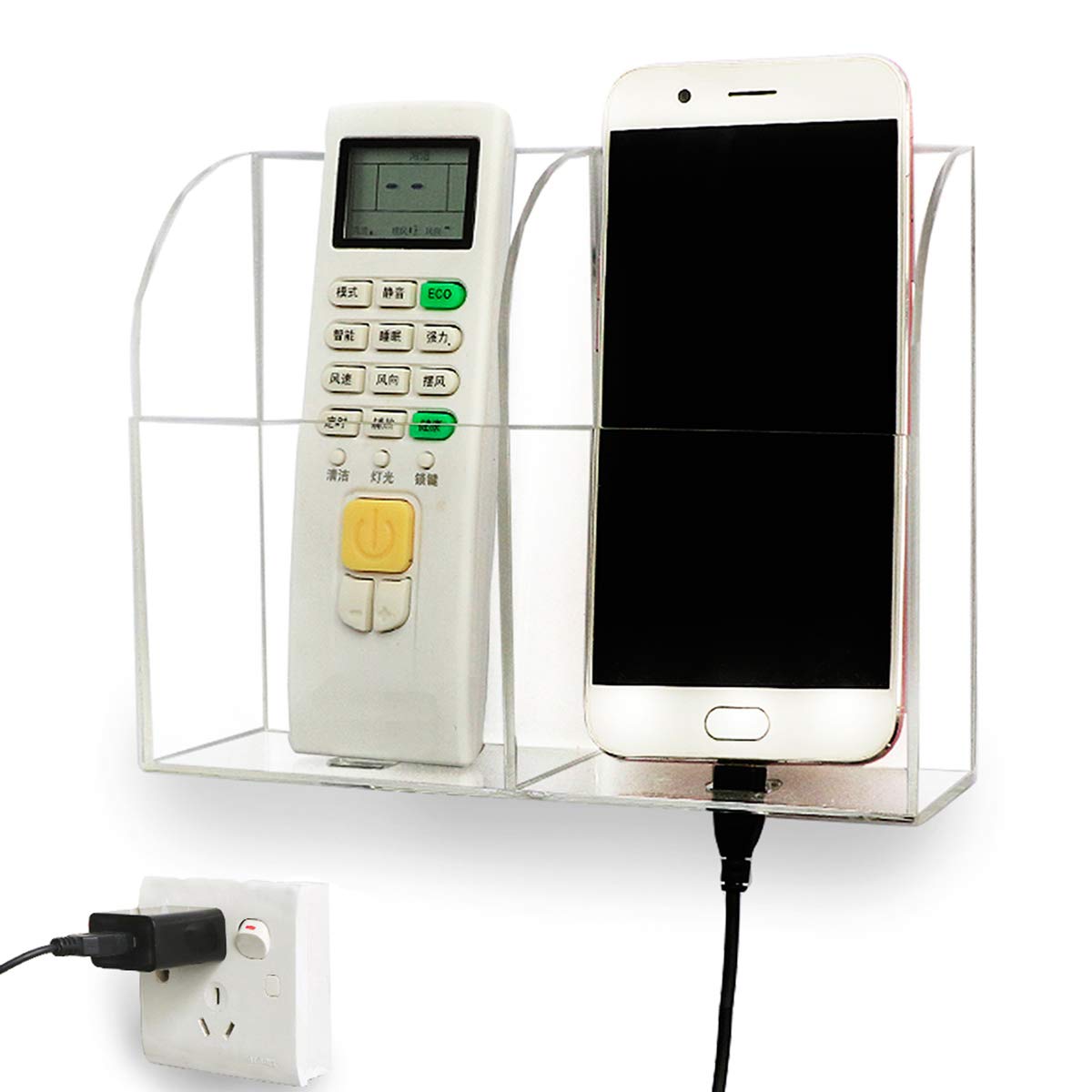 Yoillione TV Remote Holder Wall Mounted Remote Control Organiser,Acrylic 2 Remote Control Holder Wall Mounted Support Phone Charging,TV Remote Control Storage Box for Air Conditioner(2 Compartments)