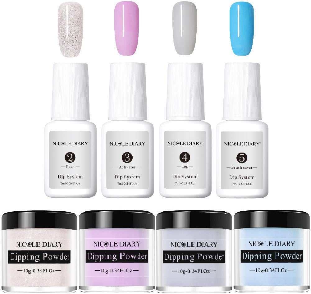 NICOLE DIARY Dipping System Set Acrylic Nail Powder Starter Kit Dip Nail System for French Manicure No UV/LED Needed(4 colors)
