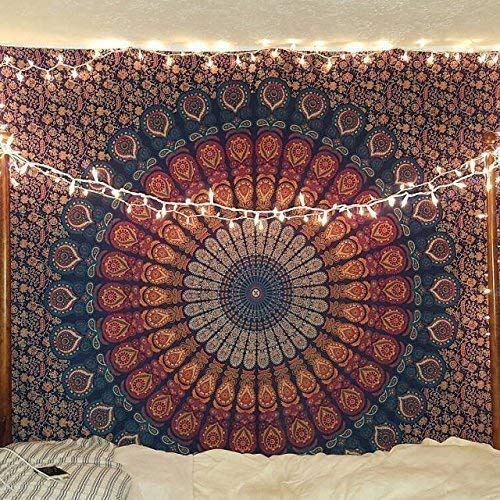 Marubhumi Indian Roundie Mandala Tapestry Hippie Hippy Wall Hanging, Bohemian Queen Wall Hanging Tapestries, Beach Tapestry, Red Blue (Marubhumi), 72 Inches Roundie Tapestry