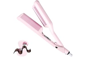 WEEYUM 1 1/4 Inch Hair Waver Crimper,Cimper Hair Tool Hair Crimper for Women Beach Wave,Deep Wave Curling Iron with 2 Ceramic Barrel,Pink