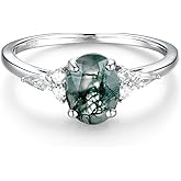 ITI KUOLOLIT Natural Moss Agate Ring Sterling SilverWedding Engagement Ring Green Agate Promise Wedding Rings for Women 6*8 Oval (Moss agate White, 7)