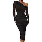 GOKATOSAU Women's Elegant Long Sleeve One Off Shoulder Mesh Full Ruched Bodycon Midi Dress
