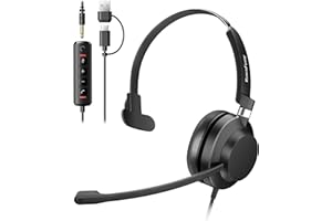 Rownfusny USB Headset with Microphone for PC & Laptop - Noise Reduction On-Ear Wired Headphones with in-Line Volume Control, Call Answer Button for MS Teams, IP Phones, Work, Zoom, Skype