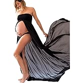 JustVH Maternity Off Shoulder Chiffon Gown for Photography Split Front Maxi Pregnancy Dress for Photoshoot