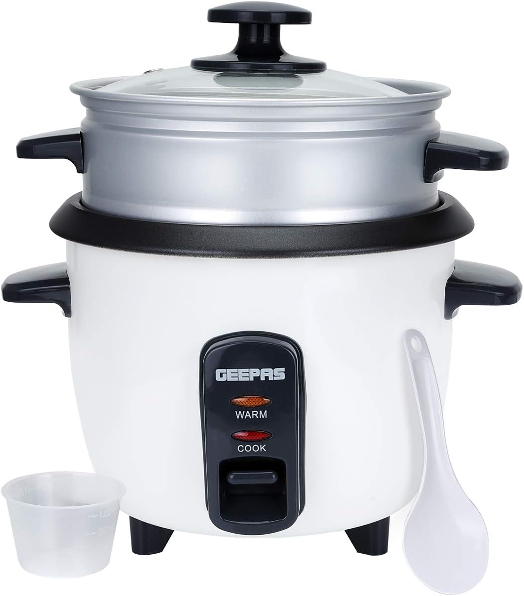 GEEPAS Rice Cooker with Steamer, White, 0.6L - 300W