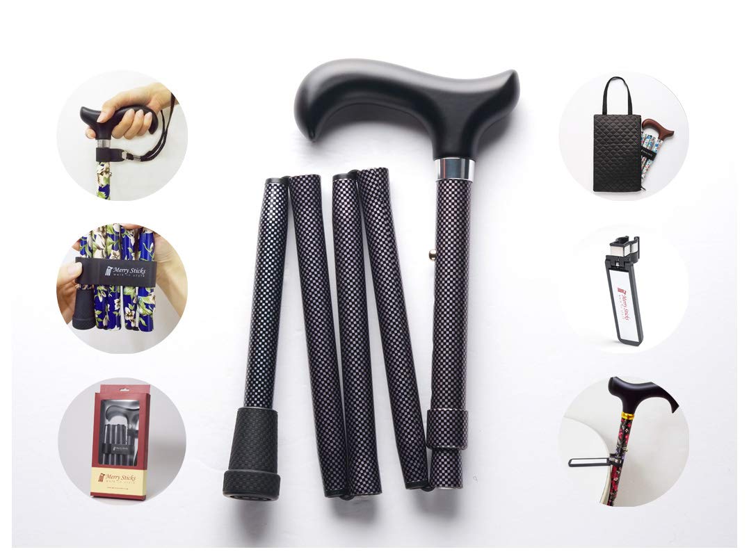 Merry Sticks Foldable Adjustable Designer Walking Stick, Folding Stick, Classic Checkerboard Pattern, Includes a Practical Stick Pocket and One Intelligent Reflective Stick Holder