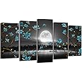 Kalormore Large 5 Pieces Nature Landscape Canvas Wall Art Blue Turquoise Magnolia Black and White Full Moon Painting Picture Giclee Prints Gallery Wrapped Artwork for Living Room Bedroom Home Office
