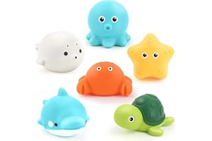 PUPTILY Bath Toys 6 Pack No Hole Baby Bathtub Toys Soft Squeezable & Float on Water Easy-Grip Toddler Bath Toy Set for Kids Ages 1-3 Tub Pool Toys