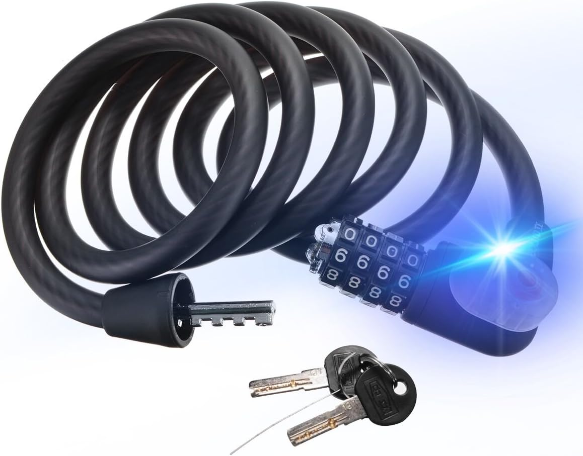OUTERDO Bike Lock, Bicycle Cable Lock Cycling 5-Digit Combination Resettable Security Chain Lock with LED Light for Electric Vehicle Scooter Mopeds Motorcycle Grills and Bike 6-Feet