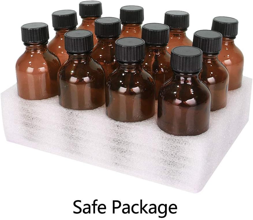 2 oz Glass Boston Bottles with Poly Cone Cap,Brush,Funnels and Labels, Amber Dispensing Bottles for Essential Oils, Chemical Lab,Home, Wedding Decor. Set of 12 Pack.