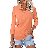 Minetom Women's V Neck 3/4 Sleeve Tops Quarter Zip Collared Shirts Polo Shirts Summer Tees