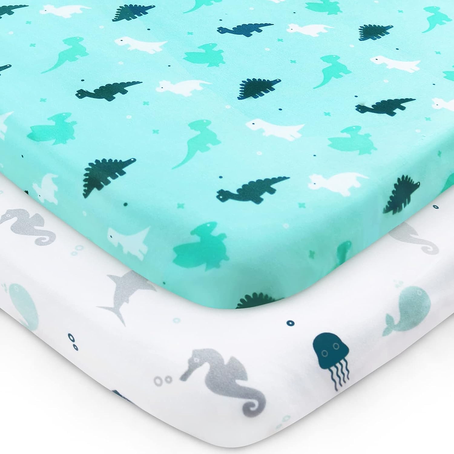 Travel Cot Fitted Sheets, 2 Pack Ultra Soft Crib Sheets Compatible With Graco, Red Kite Travel Cot - Soft and Breathable, Aqua Dinosaurs & Oceans