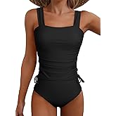Aleumdr Womens Retro Ruched Two Piece Strappy Tummy Control Swimwear Tie Side Tankini Bathing Suit Set