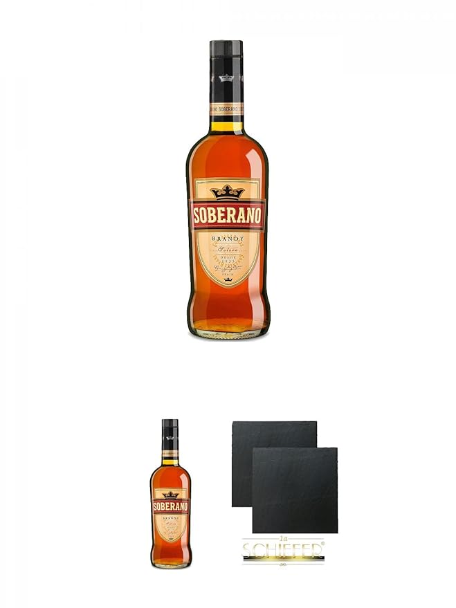 Soberano spanischer Brandy 1,0 Liter + Soberano spanischer Brandy 1,0 Liter + Schiefer Glasuntersetzer eckig ca. 9,5 cm Ø 2 S