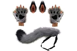 HAOAN Wolf Fox Tail Clip Ears and Gloves Set Halloween Christmas Party Costume for Women