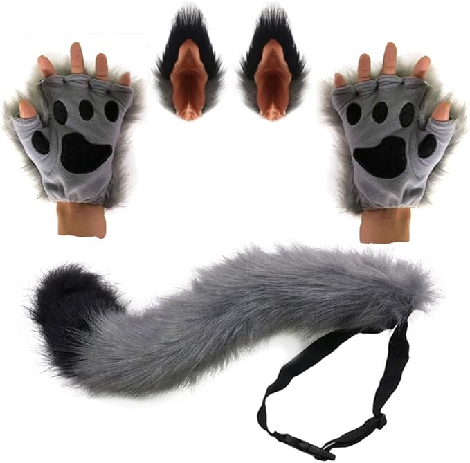 HAOAN Wolf Fox Tail Clip Ears and Gloves Set Halloween Christmas Fancy