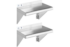 ROCKPOINT Stainless Steel Shelf 10 x 16 Inches 190lb, 2 Pack NSF Metal Commercial Shelves Wall Mount Floating Shelving with Backsplash for Restaurant, Kitchen, Home and Hotel, Silver