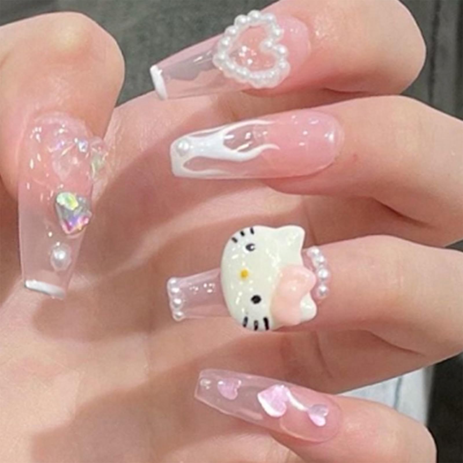 24PCS French Pink Kitty Press on Nails,Cute Kawaii 3D False Nails,Cartoon Y2K Long Length with Flame and Rhinestone Design,Trapezoid Coffin Fake Nails,Glossy and Full Cover Acrylic Nails for Women