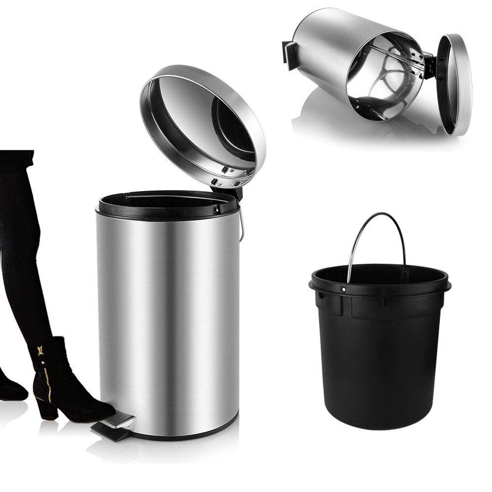 YCTEC Round Mini Trash Can with Lid Soft Close, Bathroom Trash Can with Removable Plastic Inner Wastebasket, Anti-Fingerprint Brushed Stainless Steel Trash Can for Bedroom Office, 0.8 Gal/3 L