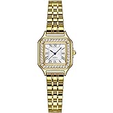 Gold Watches for Women Dainty Square Vintage Watches Luxury Ladies Diamond Accent Dress Stainless Steel Bracelet Watch Analog Quartz Waterproof Watch