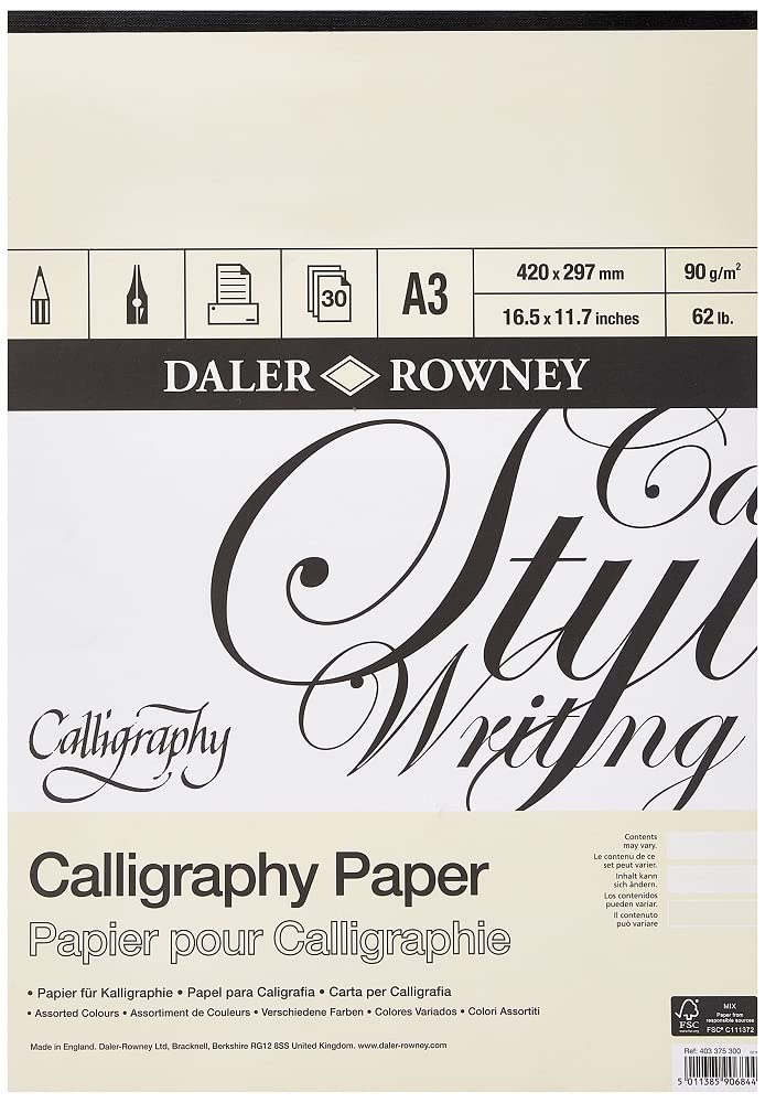 Daler-Rowney Calligraphy Drawing 90gsm Parchment A3 Texture Paper Pad, Glued 1 Side with 30 Sheets, 3 Assorted Colours, Ideal for Professional Artists & Students