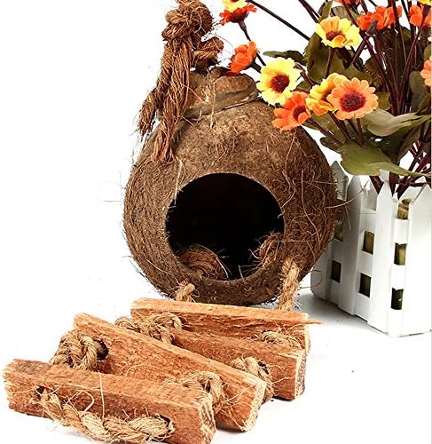 Natural Coconut Shell Hammock Hanging Bed Nesting House&amp;Feeder&amp;Bird Toy