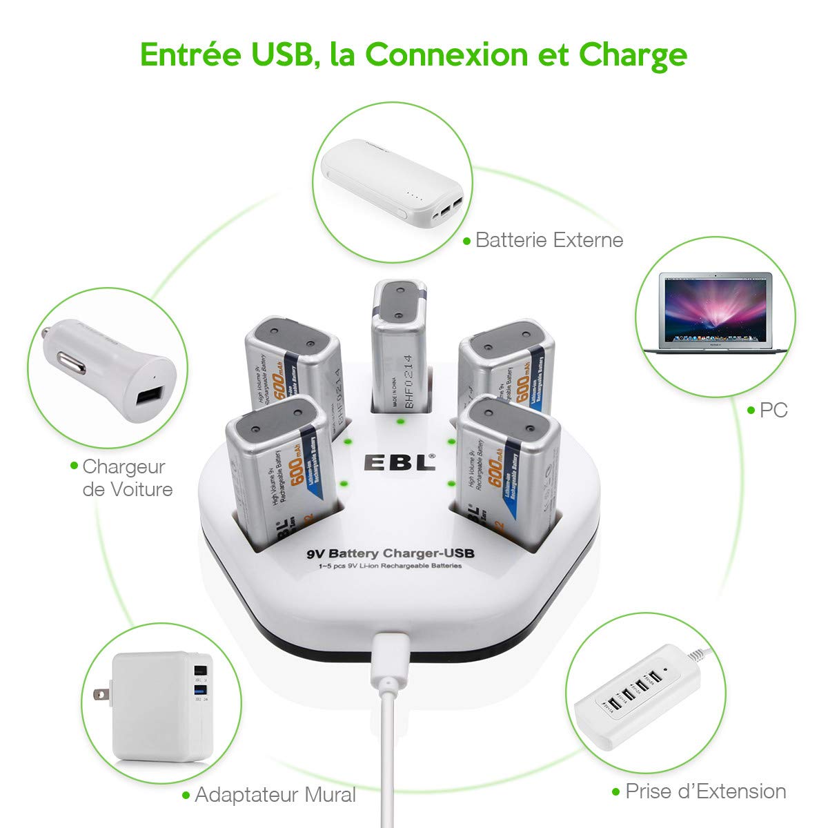 EBL chargeur de batteries rechargeables 9V lithium avec 5 slots de charge pour les piles 9V en lithium