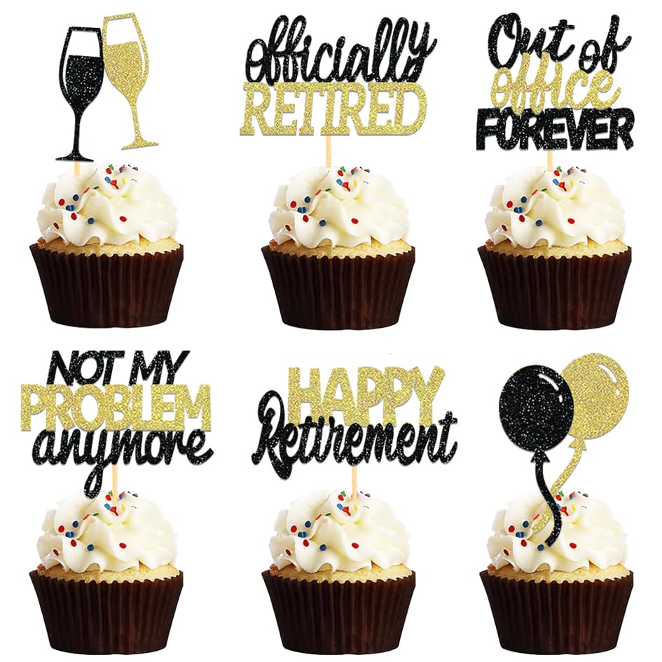 Photo 1 of 24 Pcs Happy Retirement Cupcake Toppers Officially Retired Cupcake Picks, Out Of Office Forever Retirement Theme Cake Toppers Decorations for Farewell Party Cakes (Black&Gold)