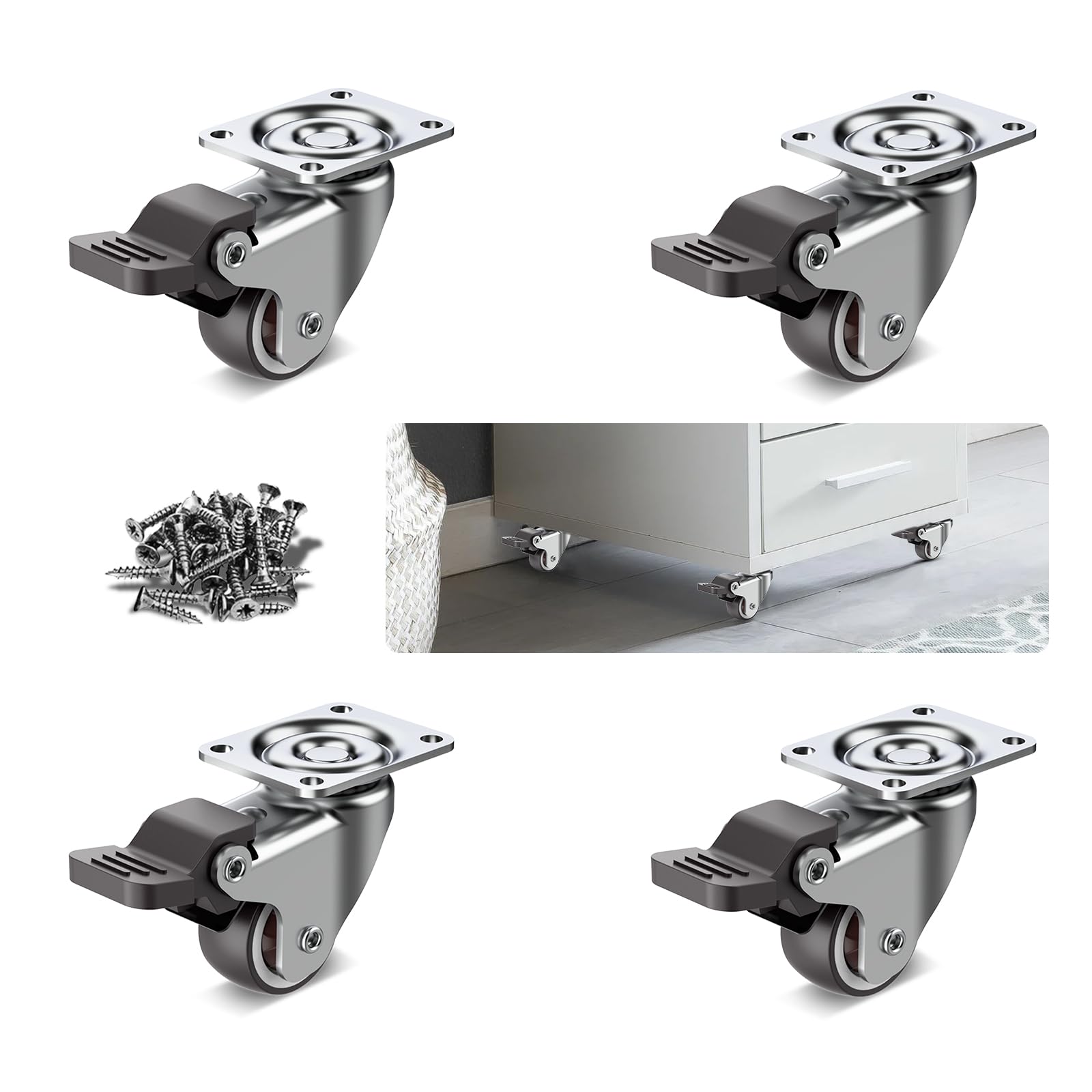 Photo 1 of Suemisi 1" Silent Caster Wheels with Brakes,360° Small Casters for Carts Heavy Duty,Quiet Roller Wheels for Furniture,Storage Box,Small Appliances,33lbs Capacity(Brown 4PACK)
