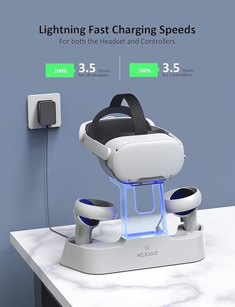 NEXIGO ENHANCED CHARGING DOCK WITH LED LIGHT [ON/OFF] FOR OCULUS QUEST 2, [SUPPORT ELITE STRAP WITH BATTERY], HEADSET DISPLAY HOLDER AND CONTROLLER MOUNT, 2 RECHARGEABLE BATTERIES, USB-C CHARGER