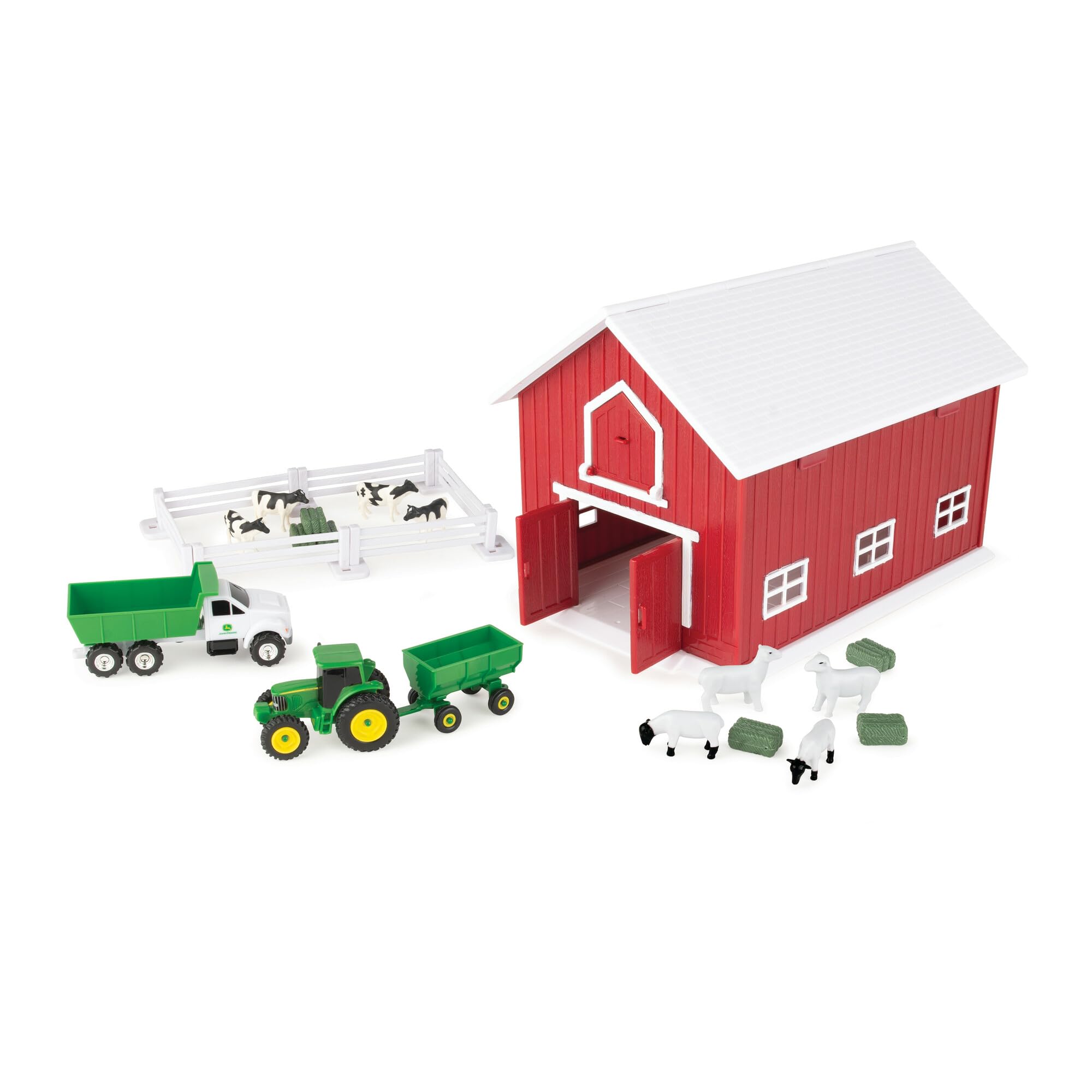 Britians John Deere 24 Pc. Childs Farm Animals & Tractor Toy Playset with Red Barn (1:64 Scale) - Storage Inside Red Barn with Handle - Quality Farm, Vehicle & Animal Toys for Kids 3+ Years Old
