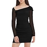 EXARUS Girls Bodycon Dress Ruched Straps Teen Floral Long Sleeve One Shoulder Party Dance Prom Mini Mesh Fancy Dresses