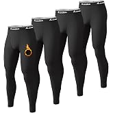 4 or 2 Pack Men's Thermal Pants Fleece Lined Long Johns Bottom Base Layer | Compression Thermal Underwear Leggings, Front Fly Opening, Breathable Warmth, 4-Way Stretch, Skiing, Hunting and Winter Wear