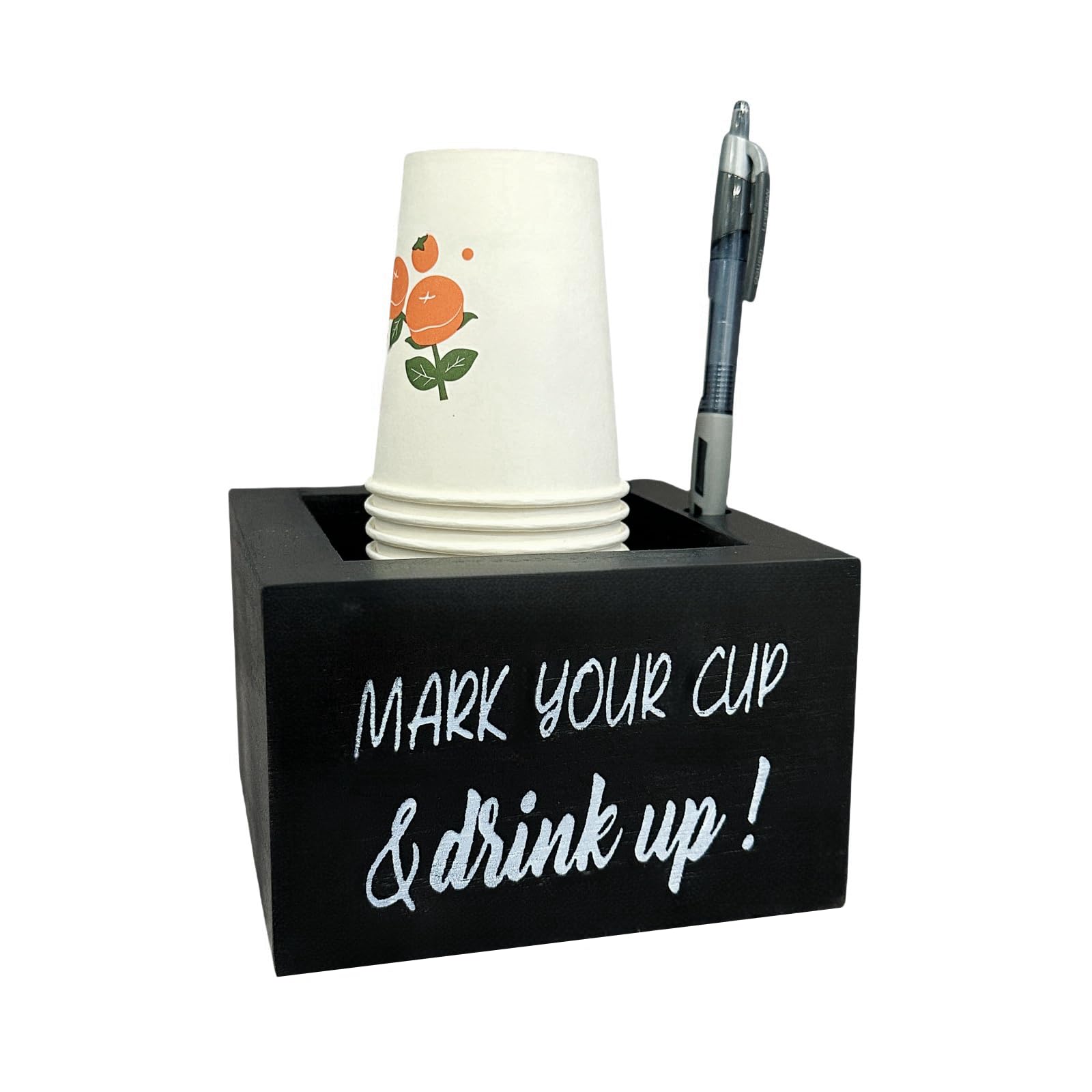 Photo 1 of HAN SHENG Rustic Wooden Cup Holder Disposable Cup Holder with Marker Slot Cup Organizer Drink Dispenser Mark Your Cup and Drink Up for Storage Decor (Black)