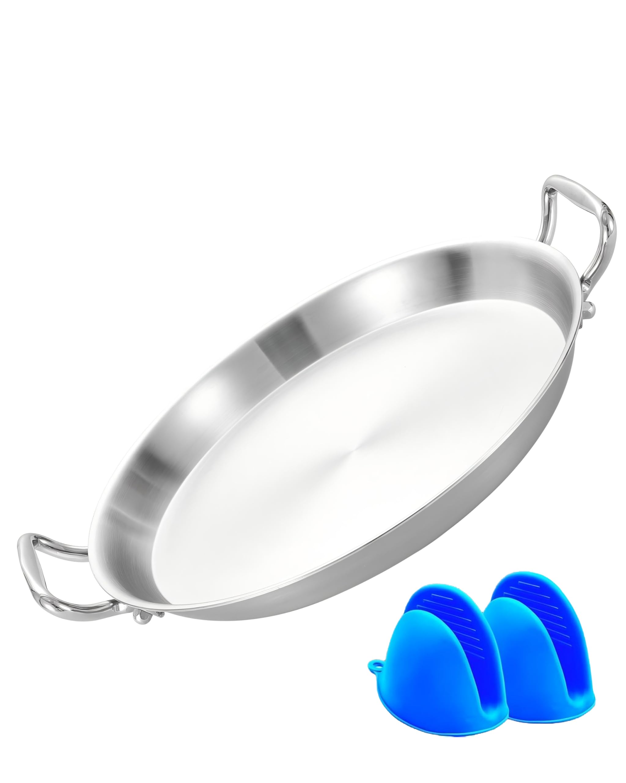 Photo 1 of 13 Inch Paella Pan, Tri-ply Stainless Steel Induction Compatible Large Spanish Rice Pan, Great for Authentic Seafood Paella, Socarrat, Oven Safe, 3-5 Servings, Free Silicone Gloves, Detachable Handles