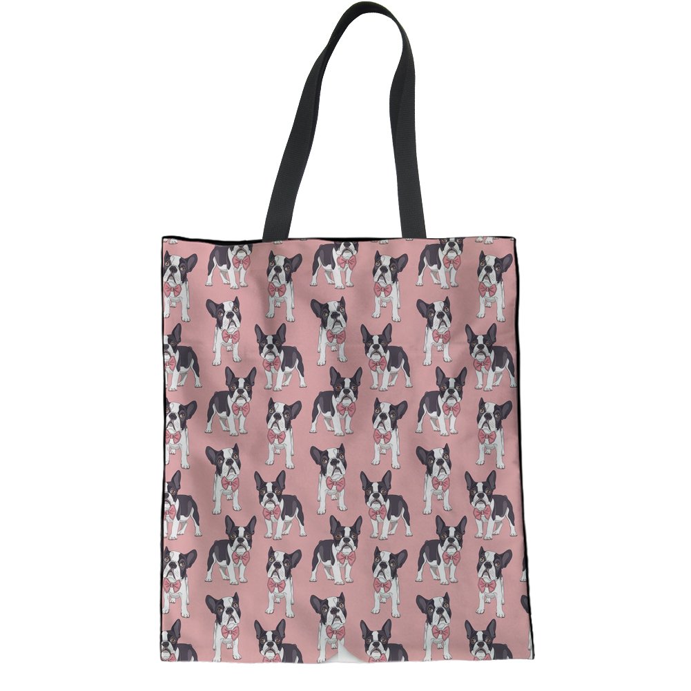 HUGS IDEA Boston Terrier Linen Tote Bag Ladies Hipster Shoulder Bag Beach Yoga Casual Handbags