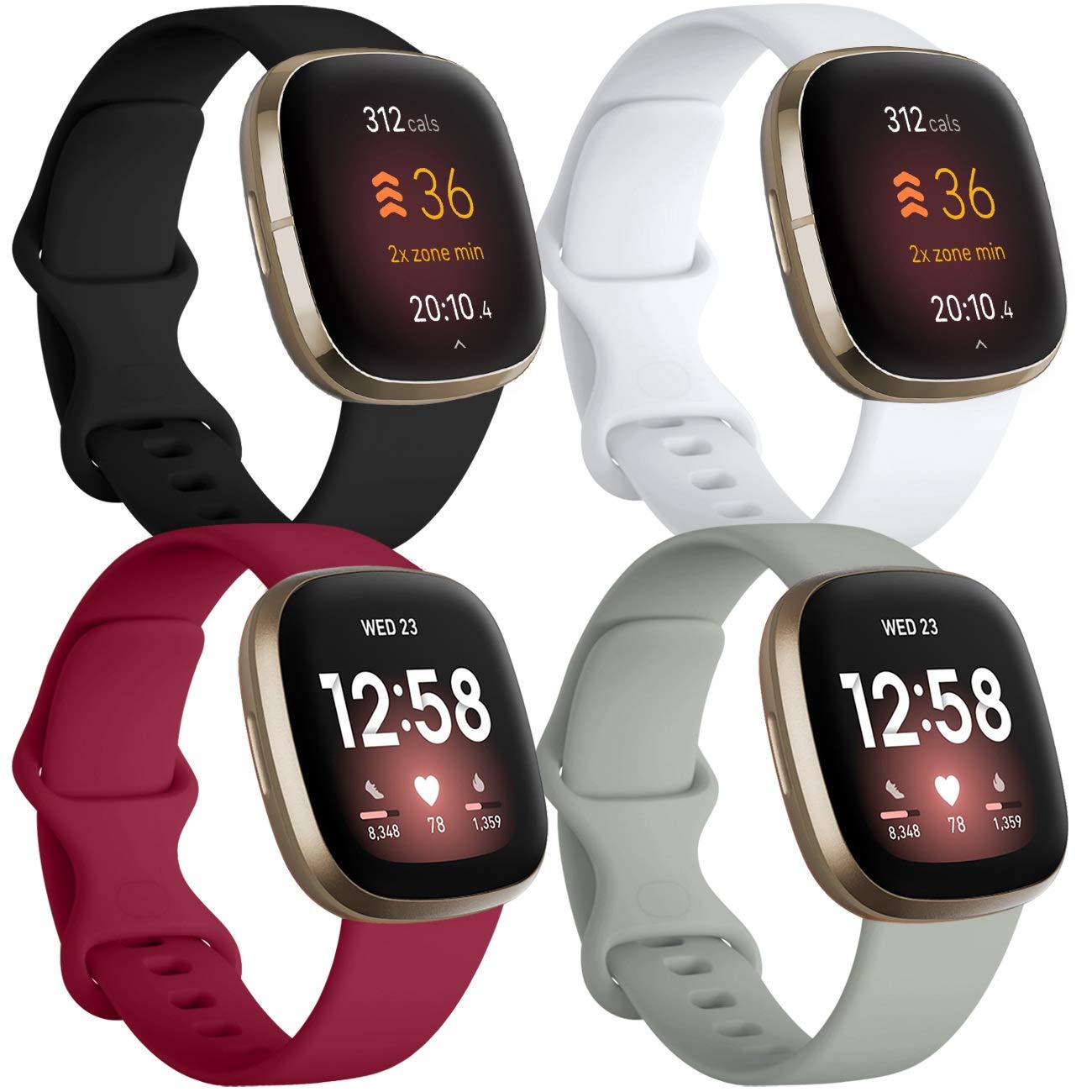 JUVEL Pack 4 Straps Compatible with Fitbit Versa 3 Strap/Fitbit Versa 4/Fitbit Sense/Sense 2 Strap, Soft Sport Silicone Replacement Wristbands for Women Men, Small Black/Grey/Wine Red/White
