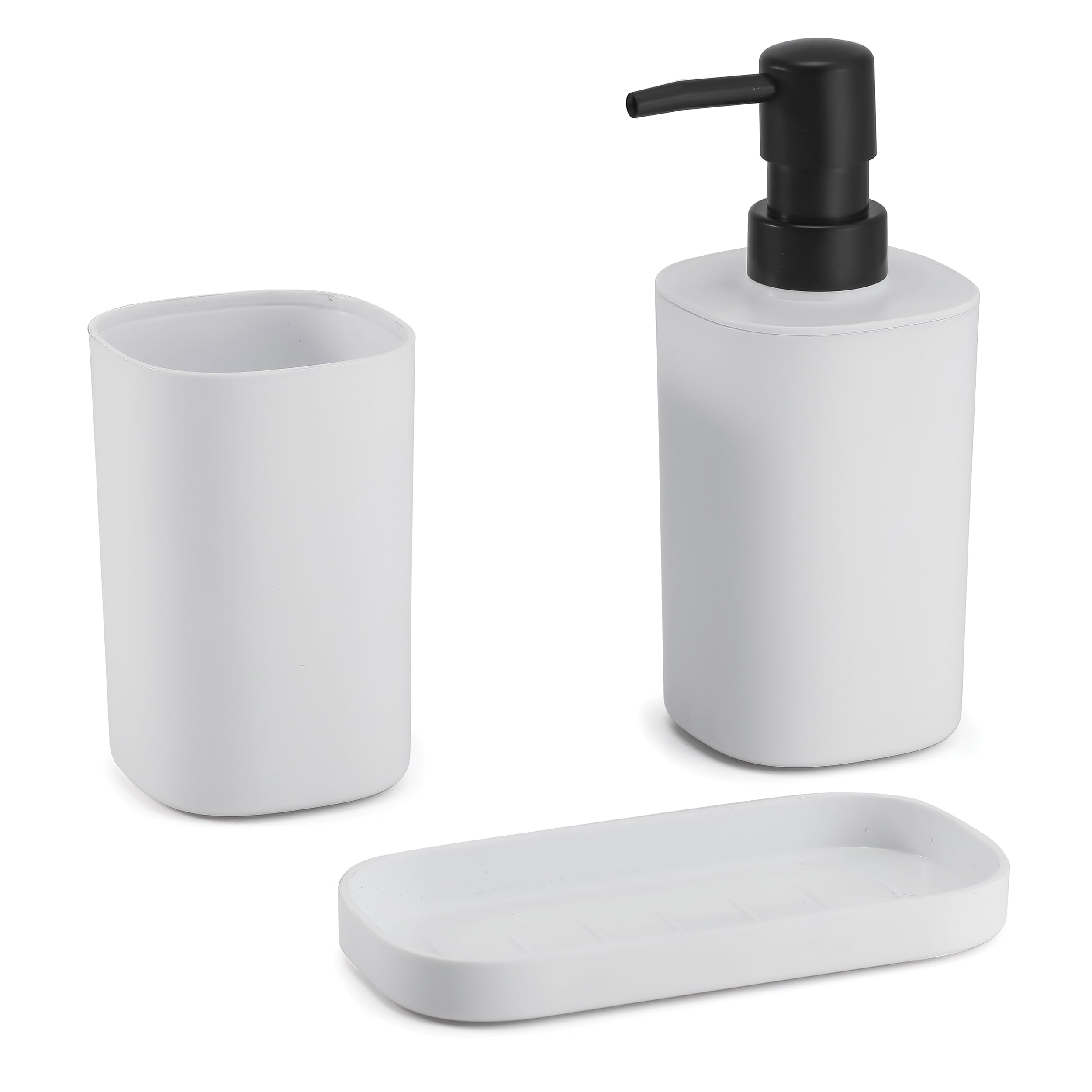 MSV Bad Accessories Lona Soap Dispenser/Soap Dish/Toothbrush Tumbler Set of 3 Matt White