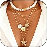 HUASAI Shell Necklaces for Women Starfish Seahell Charm Necklace Layered Boho Necklaces Vacation Essentials Outfits Halloween Costumes Accessories Women Stocking Stuffers