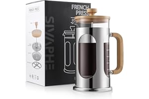 Sivaphe 34 oz French Press Coffee Maker No-Plastic, Borosilicate Glass Bamboo Lid and Handle Coffee Tea Press 8 cup, 1000ml Coffee Milk Forther with Stainless Steel Holder and Resuable Filters
