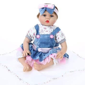 Walmeck-1 Walmeck Rebirth Doll 22Inch 55Cm Reborn Toddler Doll Pp Cotton Filling Body Boneca with Clothes Lifelike Toy Denim Skirt