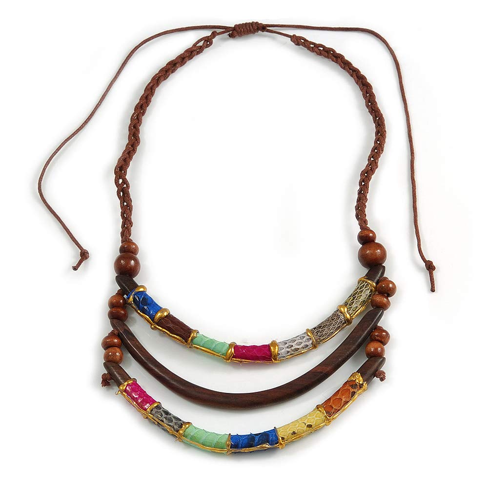 Avalaya Statement Layered Wooden Bar with Leather Detailing Cotton Cord Necklace (Brown, Multicoloured) - 54cm L (Min)/ Adjustable