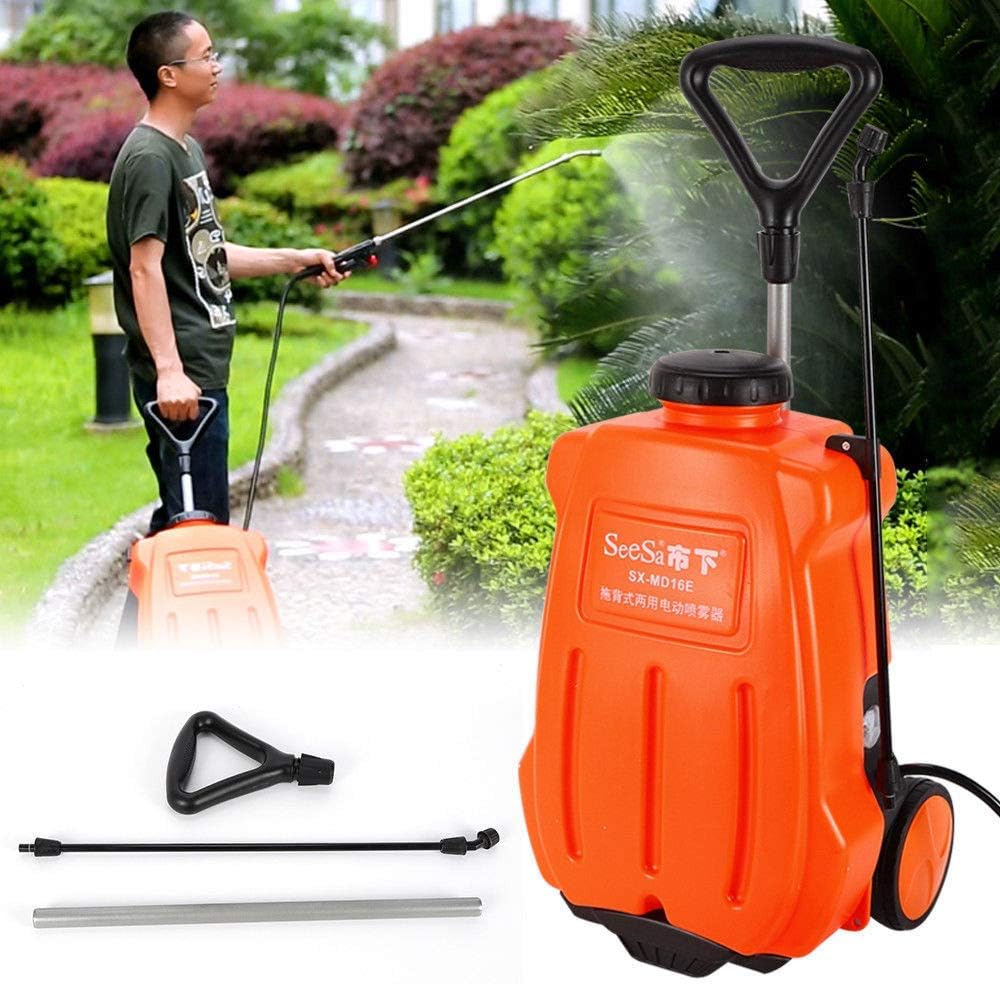 XHLY 16L Backpack Sprayer Electric Backpack Garden Wheel Sprayer Garden Weed Sprayer Dolly Cart Rechargeable Battery Orange