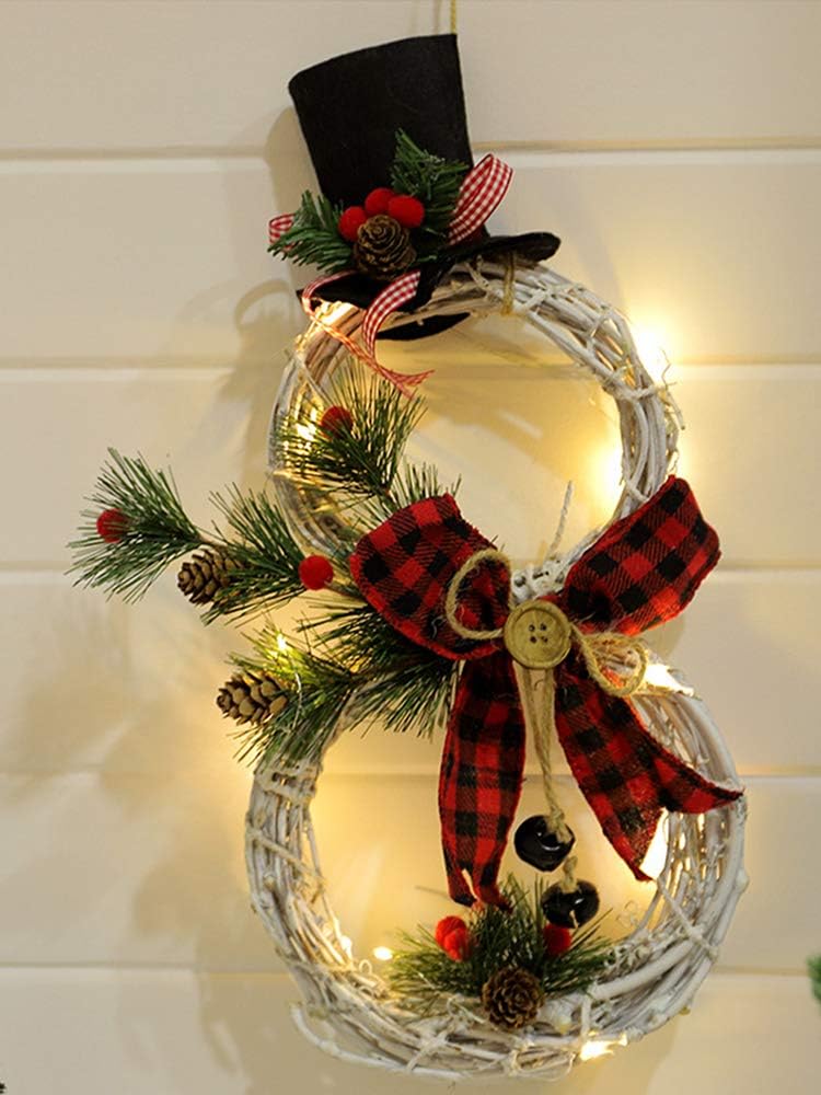 VKTY Snowman Wreath for Door,Battery Operated Christmas Snowman Wreath with Ornaments LED Front Door Wreaths for Christmas Home Kitchen Wall Window Hall Decor,16(H) by 8(W) Inch