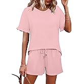 Ivicoer 2 Piece Sets for Women Casual Summer Loungewear Short Sleeve Tops and Elastic Waist Shorts with Pockets