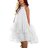 Batermoon Girls Lace Backless Tulle Dress Halter Neck Boho Flower Girl Sleeveless Ruffle Swing Party Dress