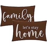 2Pack Farmhouse Lumbar Pillow Covers Brown Nice Gift Inspirational Family Let's Stay Home Quotes Rectangular/Waist Cushion Covers Rustic Home Decor Pillowcase 12”×20”,For Housewarming Gifts (Brown)