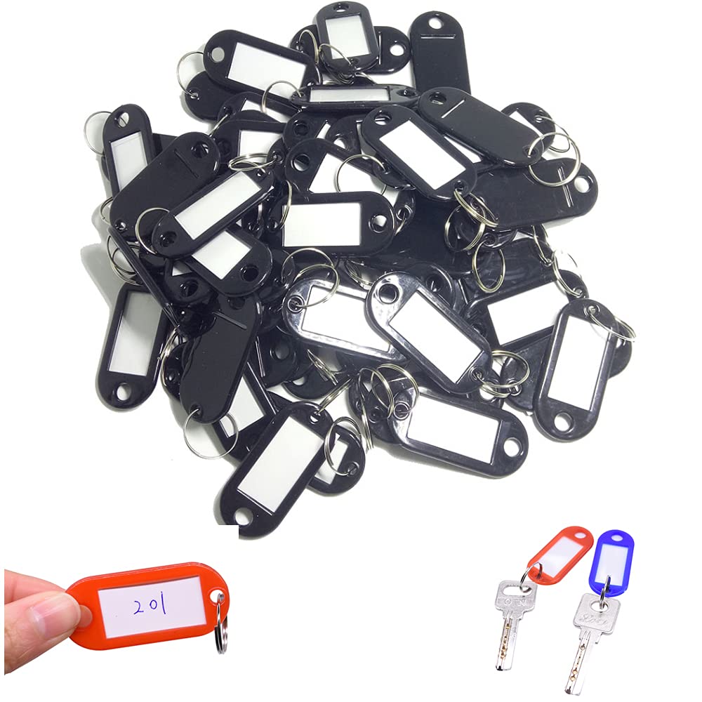 Key Tags Plastic Key Tags Key ID Tags Key Labels Tags with Split Rings for Baggage Key Chains Key Rings(50PCS Black)